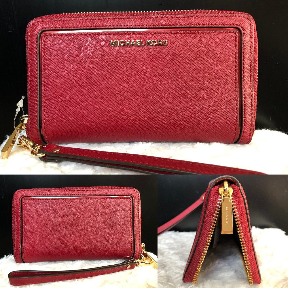 NEW Michael Kors ID Multifunction Phonecase Ip8 Plus Frame Out Wallet in CHERRY